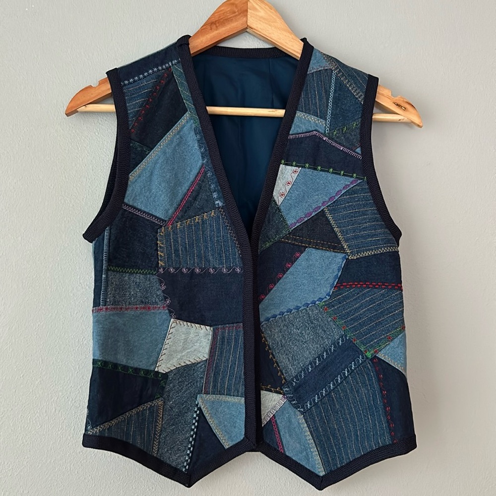 Handmade Vintage Patchwork Denim Embroidered Open… - image 1